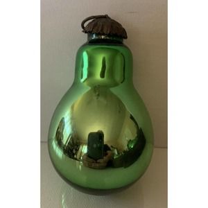 5 green glass pear shaped christmas ornaments Mercury glass? Brass tops